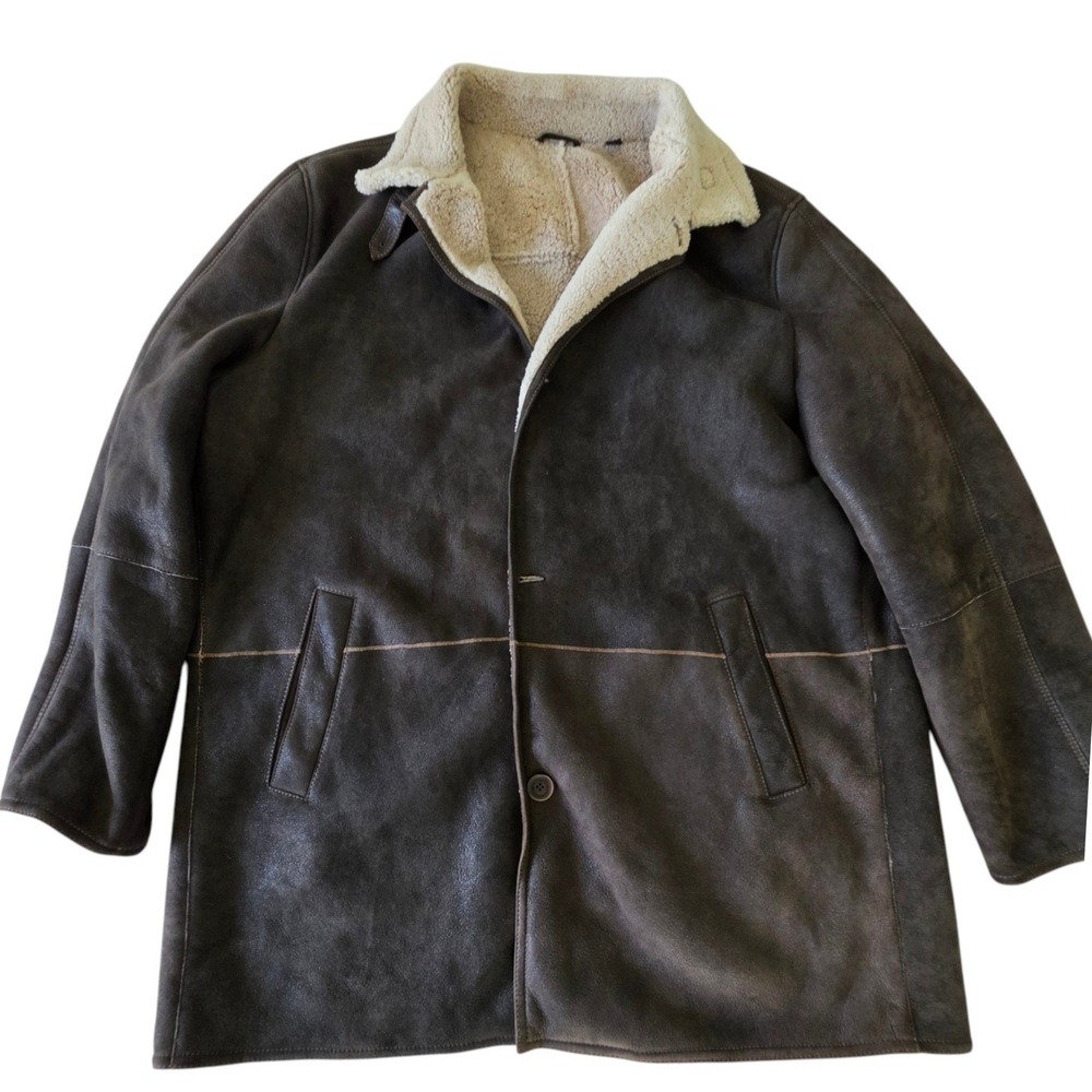 Remy Leather Mens Shearling Lamb Coat Sherpa Brown Tall 3XLT Missing Buttons